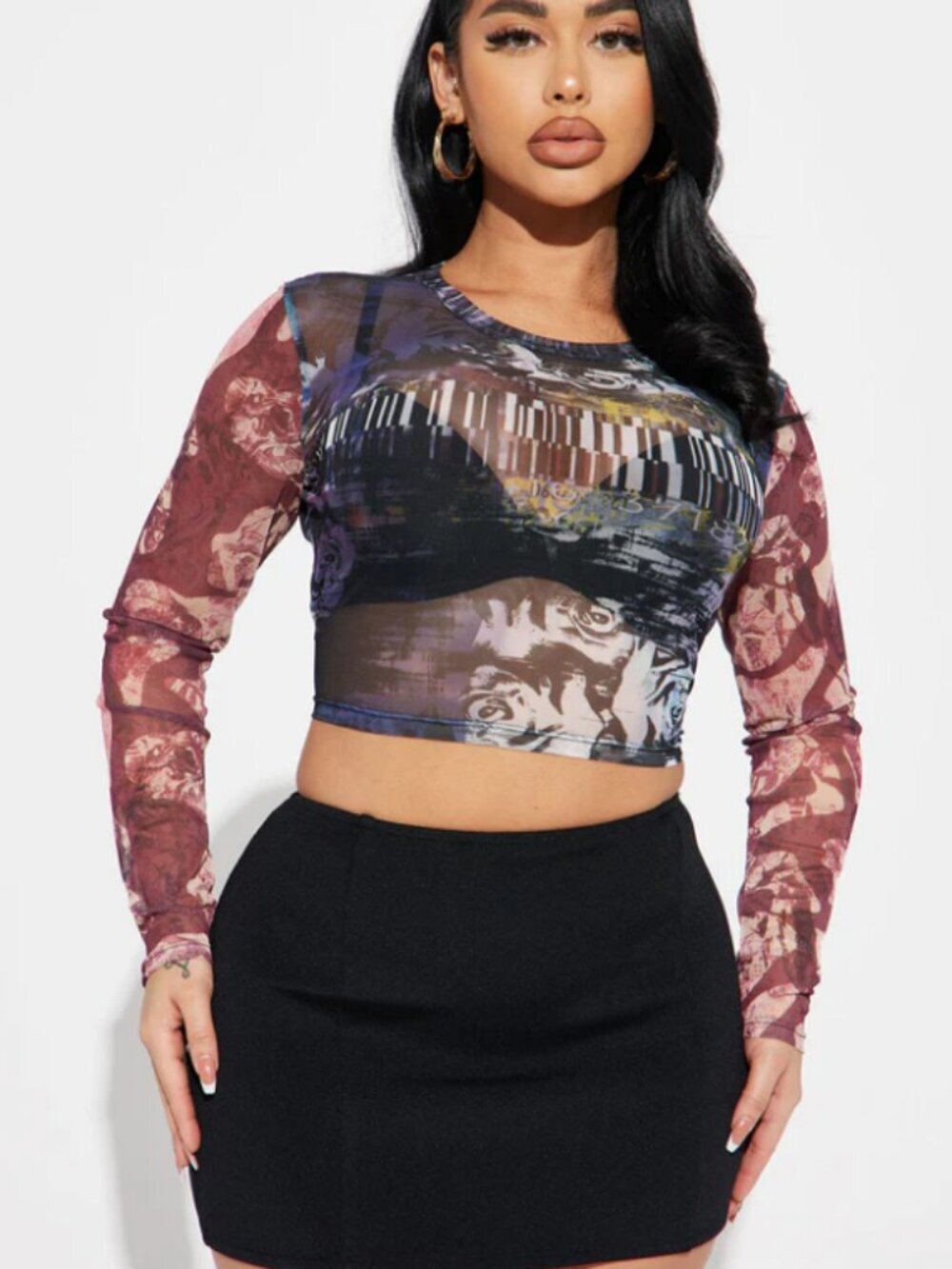 Fashion Nova NEW Unfortunate Mesh Crop Top - Navy/combo Size L